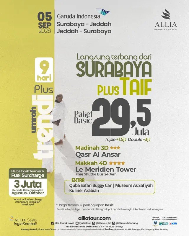 05 Sep 26, Paket Trendi Plus Basic 9 Hari, Plus Taif, Start Surabaya by Garuda Indonesia