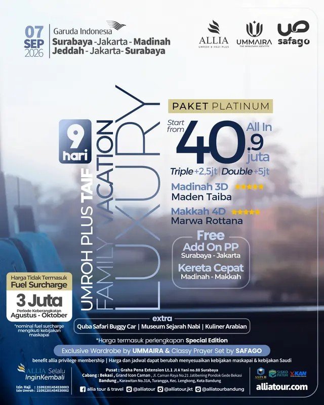 06 Sep 26, Paket Luxury Platinum 9 Hari, Family Vacation Plus Taif, Start Surabaya by Garuda Indonesia