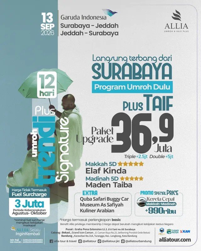 13 Sep 26, Paket Trendi Plus Signature Upgrade 12 Hari, Program Umroh Dulu Plus Taif, Start Surabaya by Garuda Indonesia